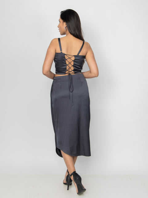 CHARCOAL SATIN GATHERED SKIRT