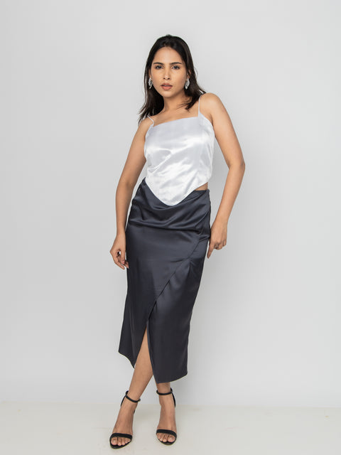 CHARCOAL SATIN SLIT SKIRT