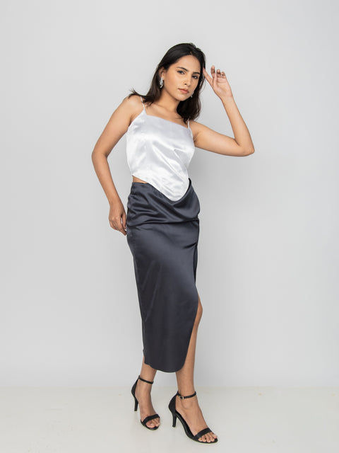 CHARCOAL SATIN SLIT SKIRT