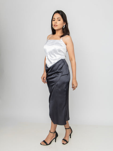CHARCOAL SATIN SLIT SKIRT