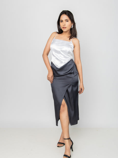 CHARCOAL SATIN SLIT SKIRT