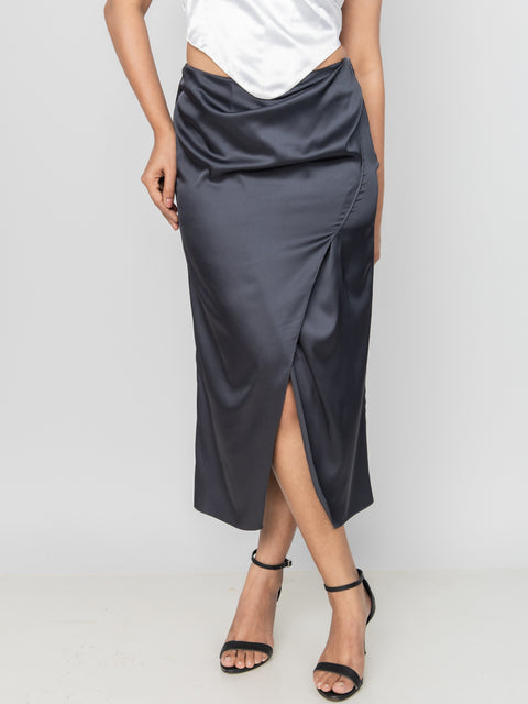 CHARCOAL SATIN SLIT SKIRT