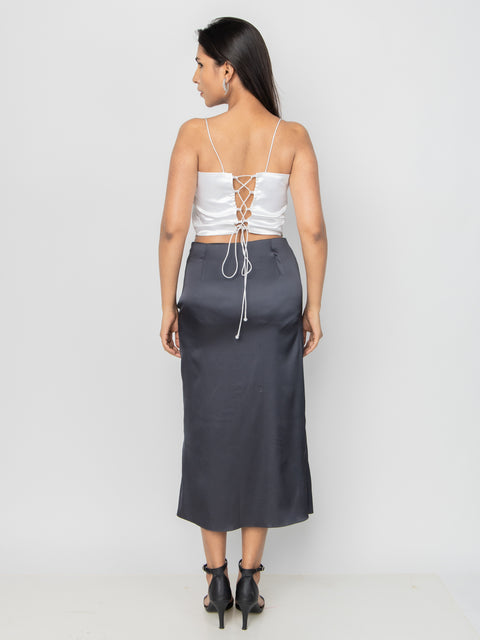 CHARCOAL SATIN SLIT SKIRT