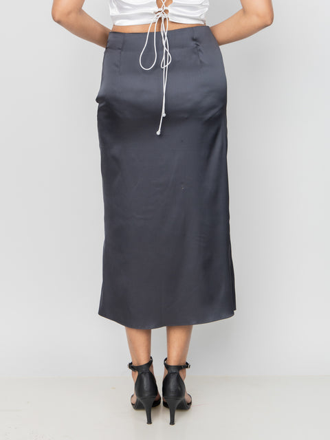CHARCOAL SATIN SLIT SKIRT