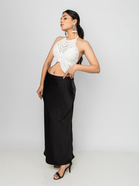 BLACK SATIN FLUID SKIRT