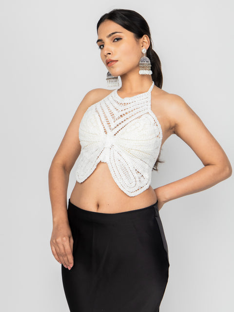 WHITE CROCHET BUTTERFLY HALTER TOP