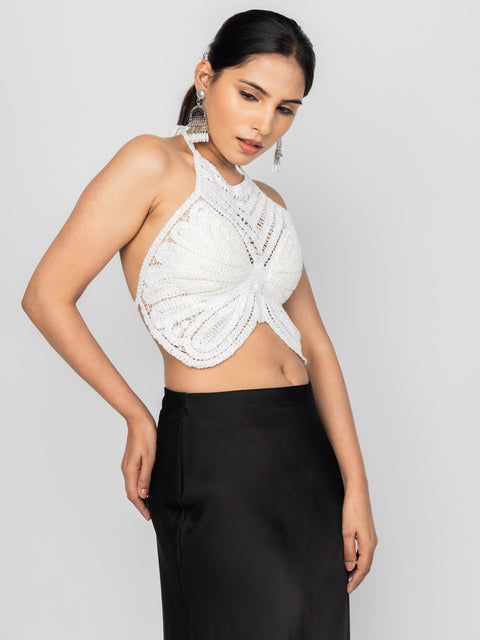 WHITE CROCHET BUTTERFLY HALTER TOP
