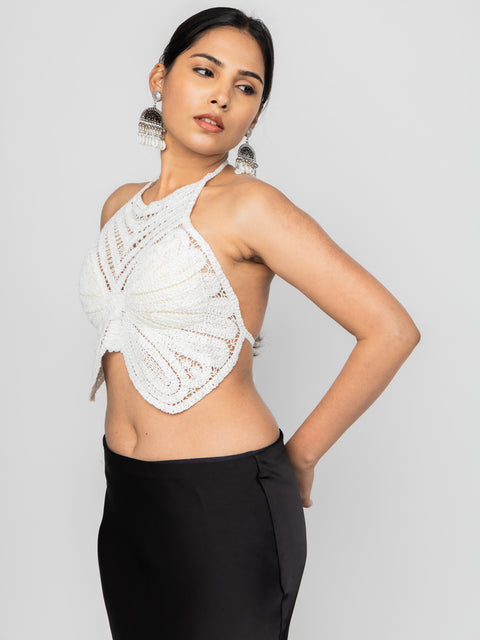 WHITE CROCHET BUTTERFLY HALTER TOP