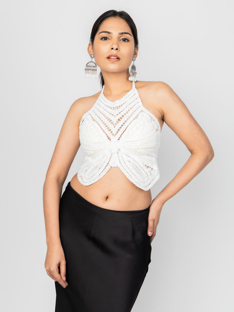 WHITE CROCHET BUTTERFLY HALTER TOP
