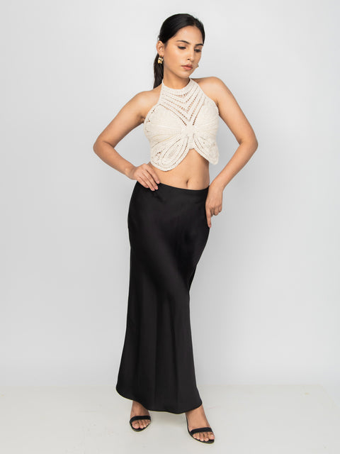 BLACK SATIN FLUID SKIRT
