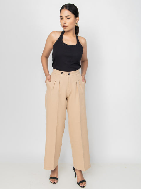 WIDE LEG BUTTON BEIGE PANTS
