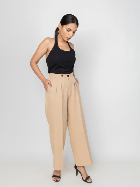 WIDE LEG BUTTON BEIGE PANTS