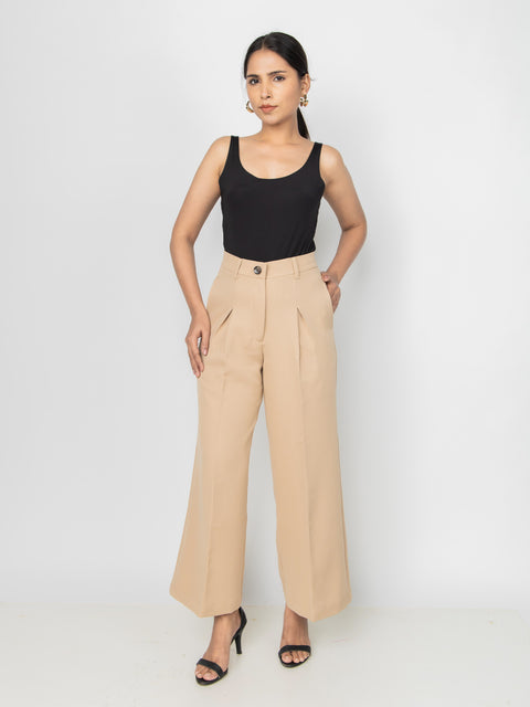 BEIGE WIDE LEG PLEATED PANTS