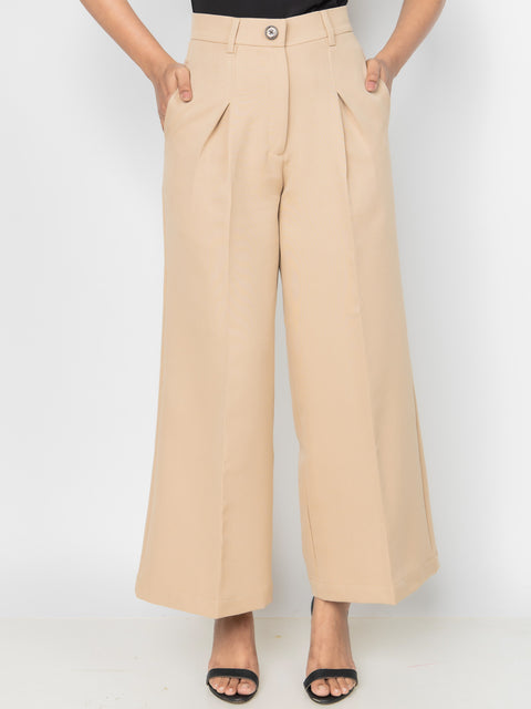 BEIGE WIDE LEG PLEATED PANTS