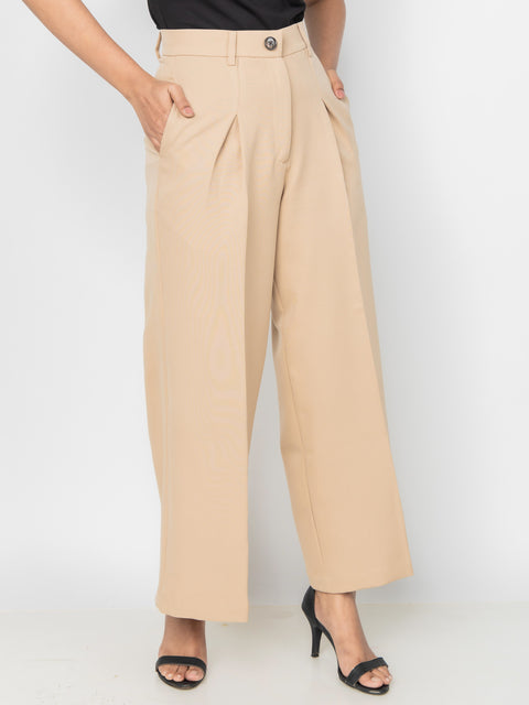 BEIGE WIDE LEG PLEATED PANTS