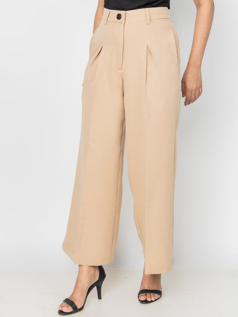 BEIGE WIDE LEG PLEATED PANTS
