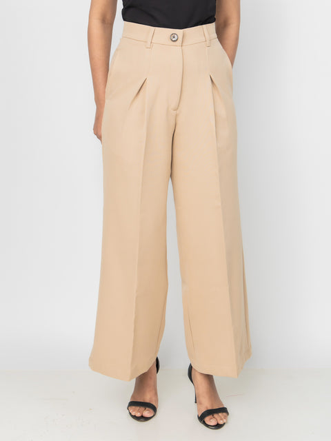BEIGE WIDE LEG PLEATED PANTS
