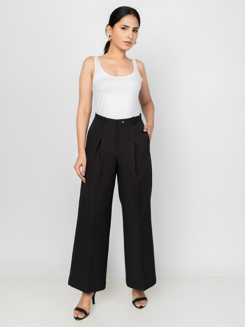 BLACK WIDE LEG PLEATED PANTS