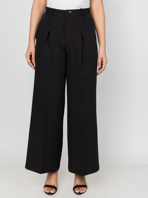 BLACK WIDE LEG PLEATED PANTS