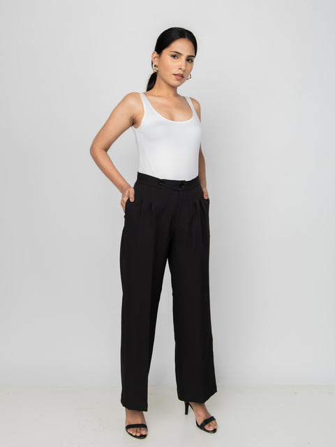 WIDE LEG BUTTON BLACK PANTS