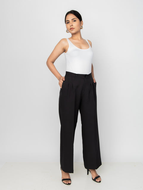 WIDE LEG BUTTON BLACK PANTS