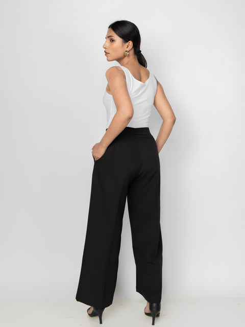 WIDE LEG BUTTON BLACK PANTS
