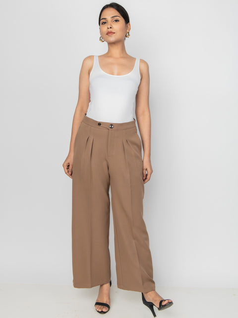 WIDE LEG BUTTON BROWN PANTS