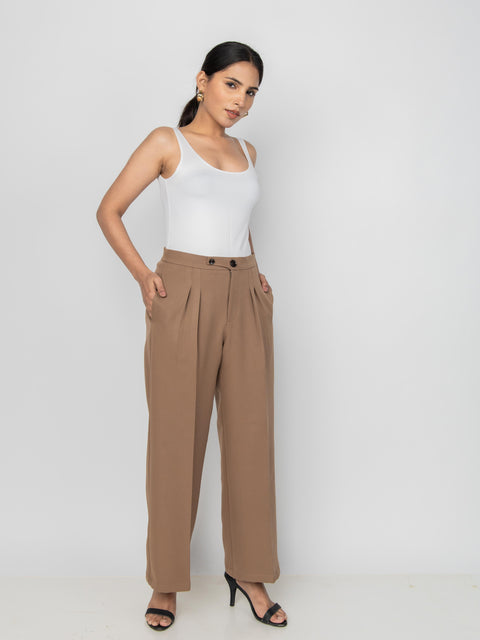 WIDE LEG BUTTON BROWN PANTS