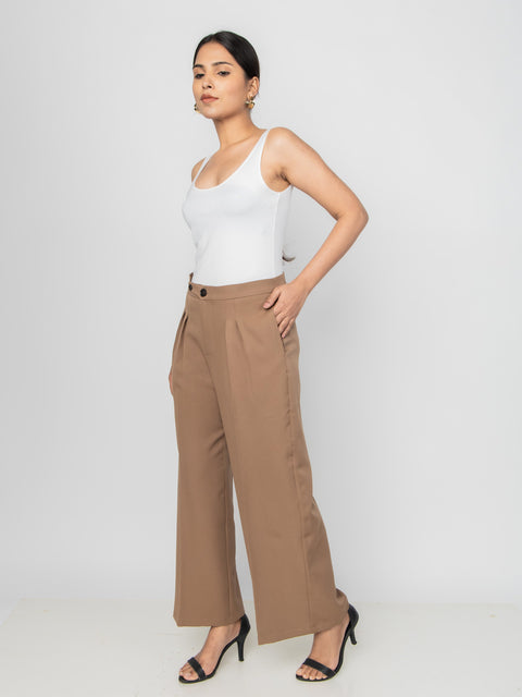 WIDE LEG BUTTON BROWN PANTS