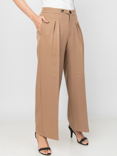 WIDE LEG BUTTON BROWN PANTS