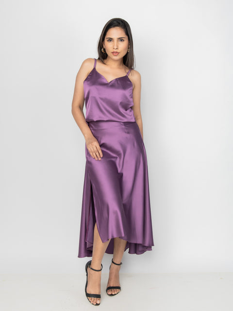 PLUM SATIN ASYMMETRIC MIDI SKIRT