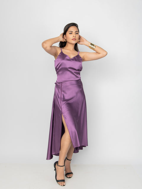 PLUM SATIN ASYMMETRIC MIDI SKIRT