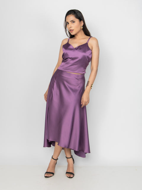 PLUM SATIN ASYMMETRIC MIDI SKIRT