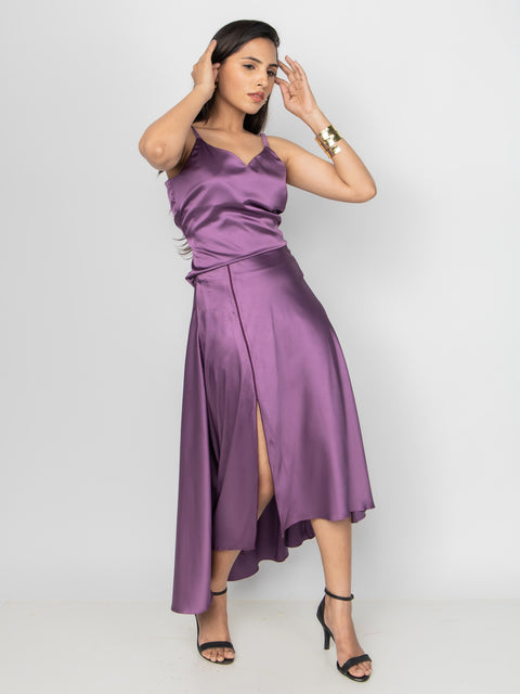 PLUM SATIN ASYMMETRIC MIDI SKIRT