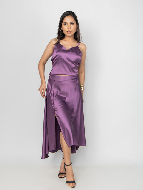 PLUM SATIN ASYMMETRIC MIDI SKIRT