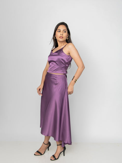 PLUM SATIN ASYMMETRIC MIDI SKIRT
