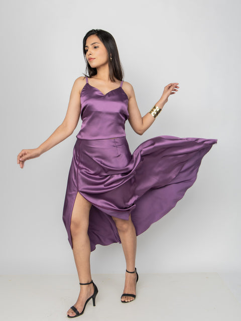 PLUM SATIN ASYMMETRIC MIDI SKIRT
