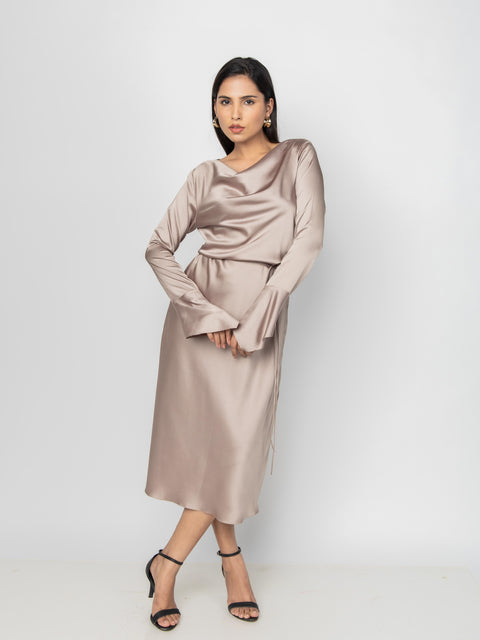 CHAMPAGNE SATIN COWL NECK DRESS 