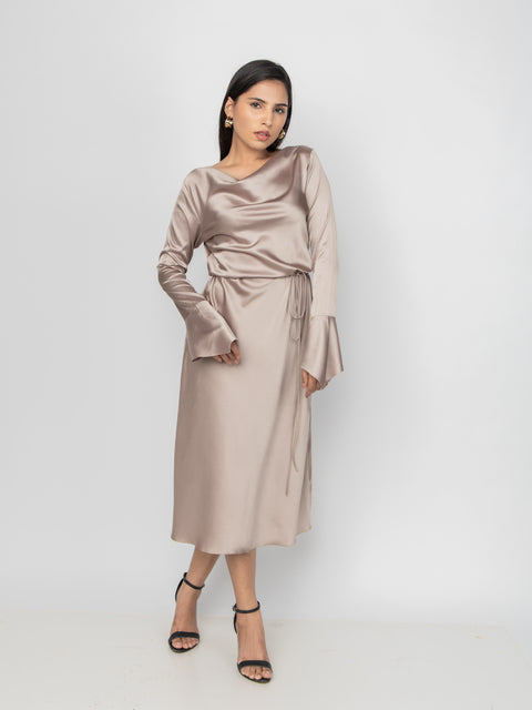 CHAMPAGNE SATIN COWL NECK DRESS 