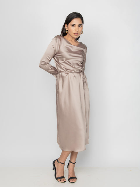 CHAMPAGNE SATIN COWL NECK DRESS 