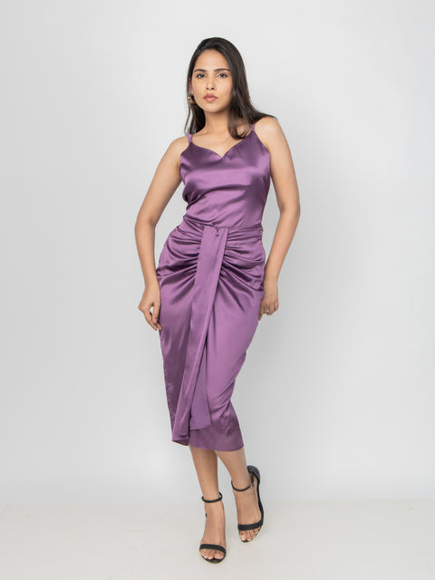 PLUM SATIN DRAPED MIDI SKIRT