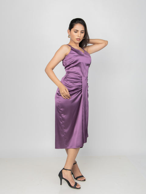 PLUM SATIN DRAPED MIDI SKIRT