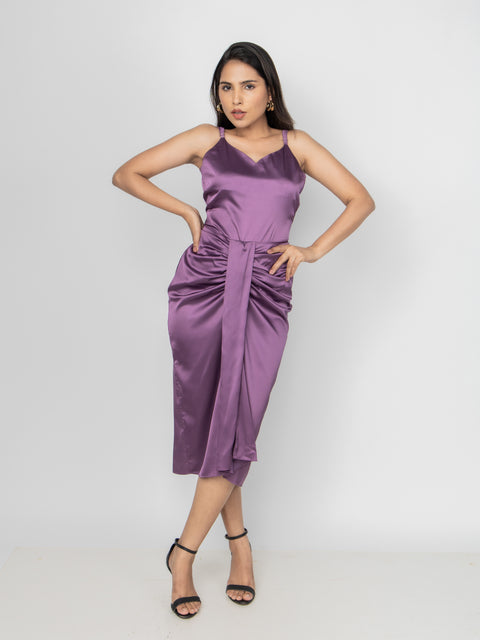 PLUM SATIN DRAPED MIDI SKIRT
