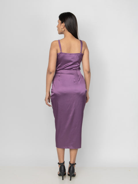 PLUM SATIN DRAPED MIDI SKIRT
