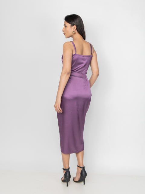 PLUM SATIN DRAPED MIDI SKIRT