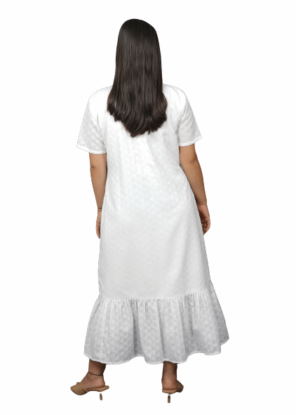 White Self-Embroidered Cotton Midi Dress with Spanish Flares
