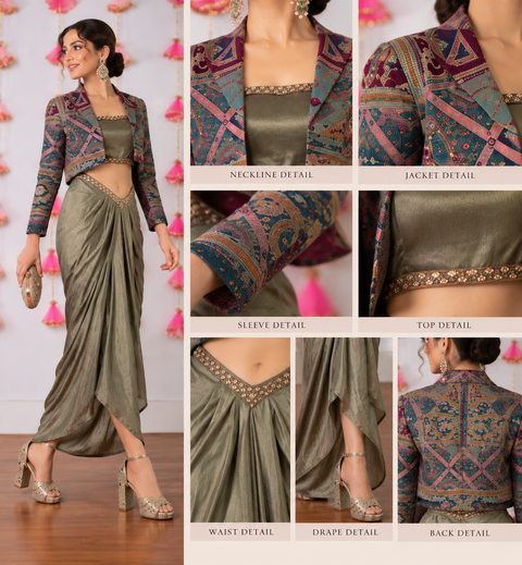 Olive Draped Skirt Set with Multicolour Embroidered Cropped Jacket