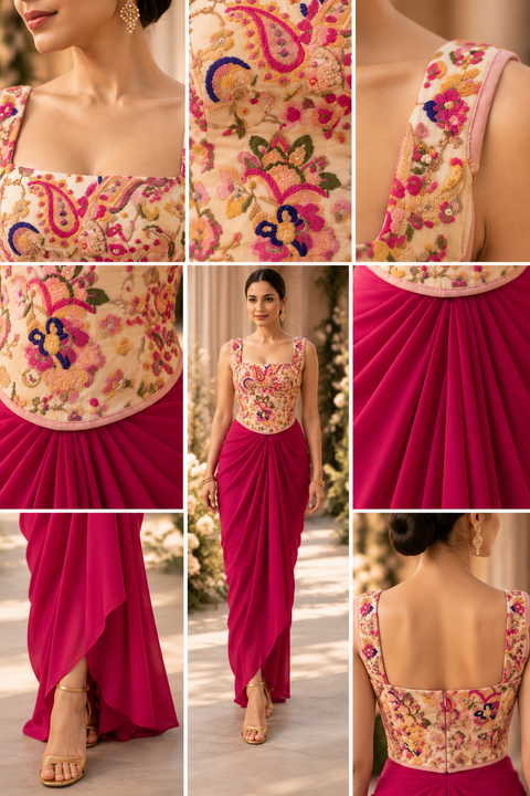 Ivory Floral Embroidered Corset Top with Fuchsia Draped