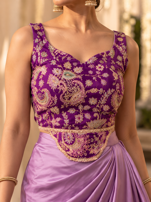 Purple Embroidered Blouse with Lilac Draped Skirt