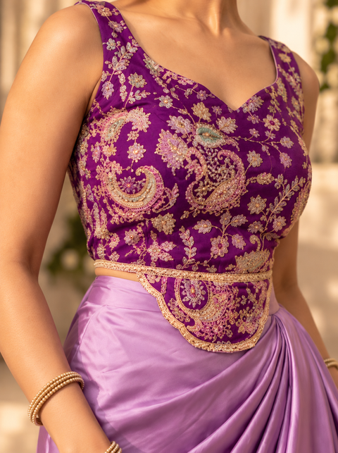 Purple Embroidered Blouse with Lilac Draped Skirt